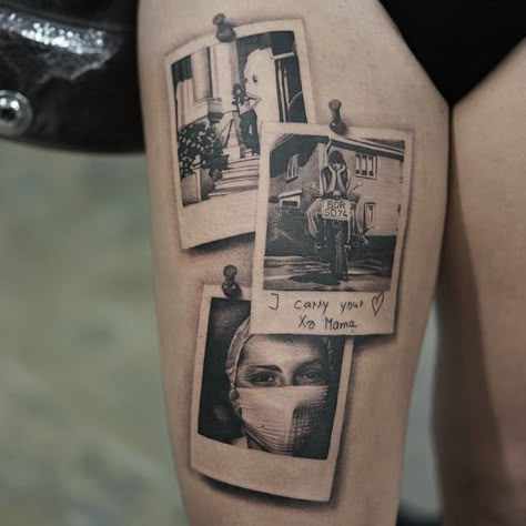 Polaroid Picture Tattoo, Portrait Tattoo Sleeve, Brothers Tattoo, Dragons Tattoo, Polaroid Picture, Back Of Shoulder Tattoo, Tattoo For Son, Family Tattoos, Tattoo Outline