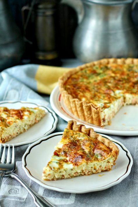 Smoked Salmon Quiche | Karen's Kitchen Stories Smoked Salmon Dinner Ideas, Recipes For Smoked Salmon, Savory Pie Crust Recipe, Smoked Fish Recipe, Smoked Salmon Quiche, Savoury Pastry Recipe, Smoked Salmon Mousse, Smoked Fish Dip, Brunch Quiche