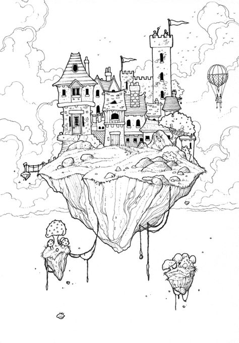 Imagined Places | this northern boy Drawing Ideas Place, How To Draw A Floating Island, Fantasy Line Drawing, Floating Building Art, Floating Island Drawing Simple, Floating Building Architecture, Floating City Drawing, Floating Island Sketch, Floating Castle Drawing