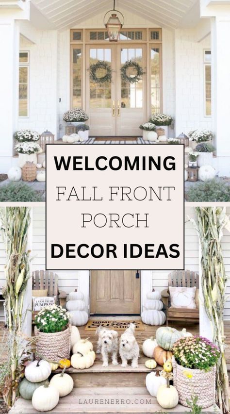 Welcoming Fall Front Porch Decor Ideas - Lauren Erro Decorate Front Porch For Fall, Fall Porch Steps Decor, September Porch Decor, Front Patio Decorating Ideas, Easy Thanksgiving Dishes, Thanksgiving Dishes To Bring, Glass Cloche Decor, Fall Front Porch Decor Ideas, Front Porch Decor Ideas