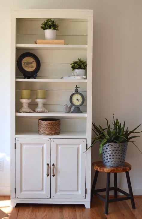 Shiplap backed bookshelf. Add character to once plain pieces with the texture of shiplap. #shiplap # nauticalhardware Condo Goals, Farmhouse Bookshelf, China Cabinet Makeover, Bookshelf Makeover, Roblox Studio, Amy White, Game Name, Bookshelves In Living Room, Small Bookshelf