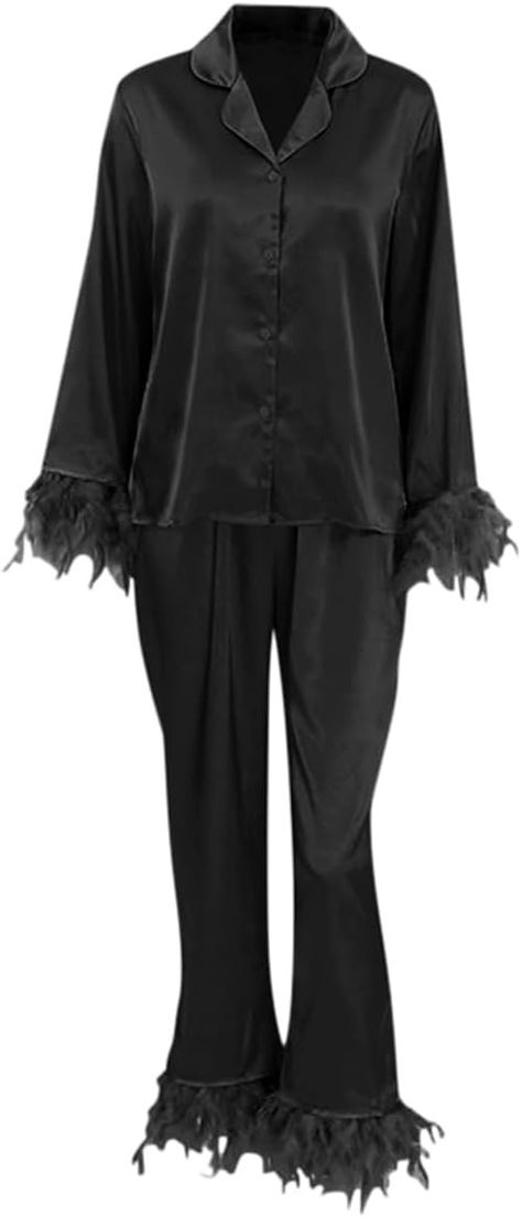 VALITY Women's Pajama Set Feather Trim Lounge Sets Satin Silk Pj Set Long Sleeve Loungewear Sleepwear, Black, Medium at Amazon Women’s Clothing store Black Sleepwear, Silk Pj Set, Sleepwear Black, Feather Trim, Womens Pyjama Sets, Satin Silk, Lounge Sets, Pj Sets, Amazon Women