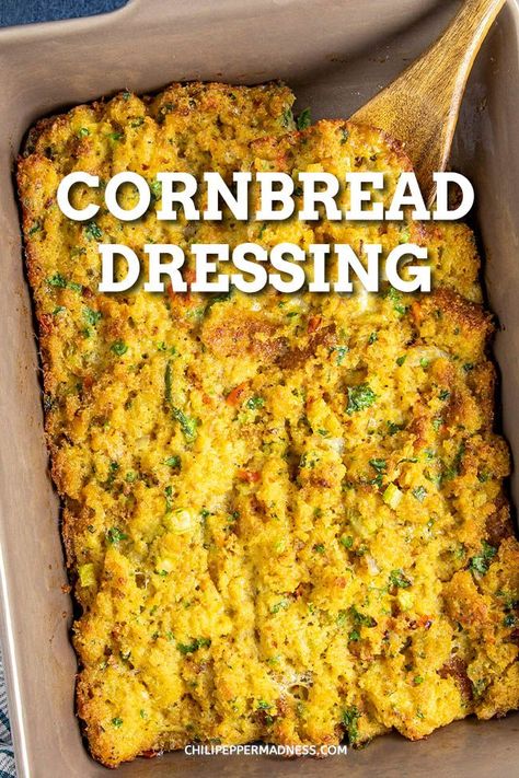 My favorite cornbread dressing recipe. It is made with homemade cornbread and Creole seasoning that gives it the perfect flavor. I usually make it as a side dish for the holidays. It goes great with turkey, ham, stuffed meats, etc. #SideDish #Dressing #Stuffing Easy Southern Cornbread, Soul Food Cornbread Dressing, Dressing Stuffing, Classic Stuffing Recipe, Southern Cornbread Dressing, Cornbread Dressing Recipe, Dressing Recipes Thanksgiving, Cornbread Dressing Southern, Dressing Recipes Cornbread