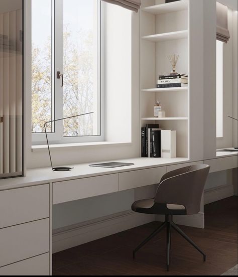 Working Desk Near Window, Bedroom Window Desk Ideas, Window Desk Bedroom, Desk Between Windows, Long Desk Along Wall Office Ideas, Desk With Window, Study Table Near Window, Desk Under Window, Desk With Shelves