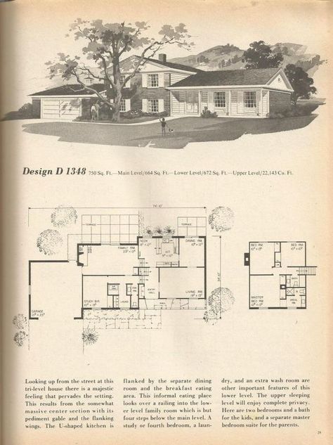 Vintage Floorplans, Tri Level House, Classic House Plans, Mid Century House Plans, Split Level House Plans, Vintage Floor Plans, Simple Floor Plans, Older Homes, Vintage Catalog