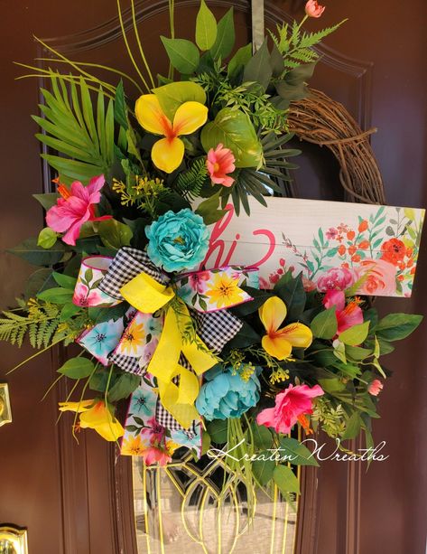 Wreath With Bow, Tropical Wreath, Summer Door Wreaths, Wreath Hanger, Piece Sign, Summer Tropical, Welcome Wreath, Sunset Colors, Handmade Wire