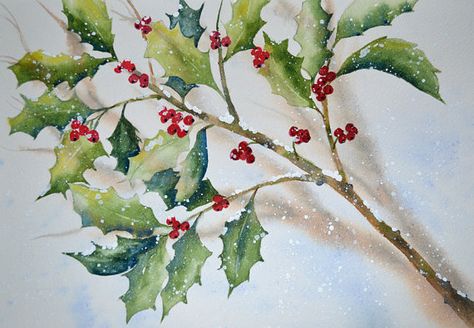 Brandy new watercolor!  https://www.etsy.com/listing/119024488/art-fine-art-holly-in-the-snow Evergreen Decor, Winter Landscape Art, Poster Christmas, Holiday Artwork, Landscape Art Print, Watercolor Wall, Calla Lilies, Holly Berries, Snow Scenes