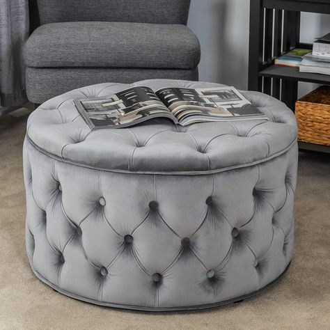 Homebeez Velvet Round Storage Ottoman, Button-Tufted Footrest Stool Bench, Upholstered Coffee Side Table (Grey) #CuteGiftIdeas #Gift #StorageBench Traditional Coffee Table, Square Storage Ottoman, Round Storage Ottoman, Storage Chaise, Velvet Ottoman, Tufted Ottoman, U Shaped Sectional, Square Ottoman, Round Storage