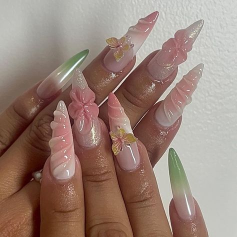 𝙖𝙢𝙗𝙚𝙧 | garden fairy baby 🧚🏻 ✨🌸 {LONG STILETTO GEL X} #nails #nailart #westadamsla #lanailtech #nailartist #art #nailsnailsnails #gelx #gel | Instagram Fairy Garden Acrylic Nails, Nails Acrylic Long Almond, Fairy Garden Nails, Gel X Nails, Garden Nails, Long Almond Nails, X Nails, Nails Colorful, Fairy Baby