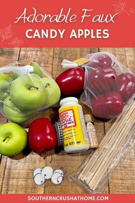 Diy Faux Candy Apples, Diy Fake Candy Apples, Diy Candy Apples How To Make, Faux Foods Diy, Candy Apple Craft, Diy Faux Food, Diy Candy Corn Decor, Apple Decorations For Fall, Faux Candy Apples