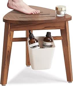 Lovitgo 12'' Teak Shower Stool for Shaving Legs, Corner Shower Stool for Inside Shower, Waterproof Teak Shower Bench for Bathroom, Small Wood Shower Stool for Foot Rest, Indoor or Outdoor Use Shower Stool For Shaving, Corner Shower Bench, Teak Shower Stool, Wood Shower Bench, Teak Shower Bench, Bath Seats, Shower Stool, Bath Store, Shower Bench