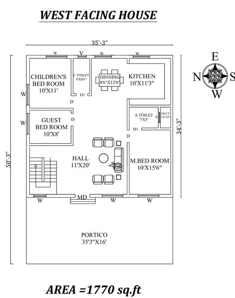 Autocad Drawing file shows 35' X 50' Beautiful 3bhk West facing House Plan As Per Vastu Shastra. The total buildup area of this house is 1770 sqft. The kitchen is in the Southeast direction. Dining is in the East Direction. The Hall is Placed in the northwest direction of the house. The master bedroom available in the southwest direction with the attached toilet is in the south direction. kid's bedroom is in the Northeast direction. The guest bedroom is available in the north direction. The comm North West Facing House Plan, West Facing 3bhk House Plans Vastu, 25x50 House Plans West Facing Vastu, 35×50 House Plan, West Facing House Plans Vastu 30*50, 35x50 House Plans 3 Bedroom, 30 40 West Facing House Plan, West Facing 3bhk House Plan, West Face House Plan Vastu