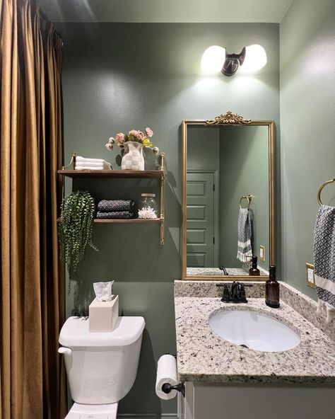 Color drench bathroom makeover: THE REVEAL!! After waiting, for what seemed like forever, my custom velvet curtain was delivered and I… | Instagram Western Green Bathroom, Moody Mauve Bathroom, Dusty Teal Bathroom, Green Tile Bathroom Vintage Wall Paint Colors, Color Drench Bathroom, Sherwin Williams Dried Thyme Bathroom, Color Drenched Bathroom, Color Drenching Bathroom, Bathroom Color