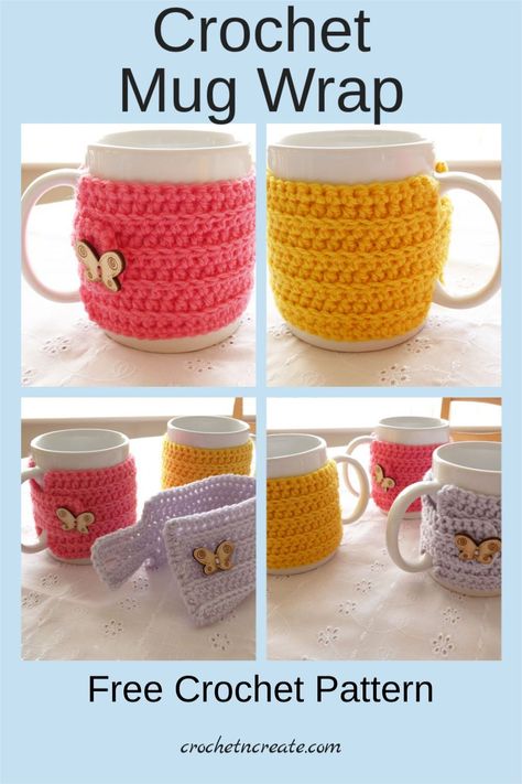 Free crochet pattern on crochetncreate for crochet mug wrap pattern. #freecrochetpattern #freemugcozycrochetpattern #mugcosy #mugwarmer Crochet Pattern Mug Cozy, Mug Crochet Pattern, Mug Cosy Knitting Pattern, Crochet Mug Cosy Free Pattern, Crochet Mug Wrap, Crochet Cup Cosy Free Pattern, Crochet Cup Warmer Free Pattern, Crochet Mug Cosy, Mug Cover Crochet