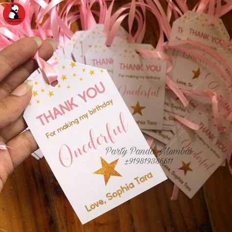 Personalized gift/favor tags and thank you message for Star theme first birthday party pink and gold Return Gift Ideas For 1st Birthday, Return Gifts For First Birthday, First Birthday Thank You Favors, Return Gifts For 1st Birthday Party, Return Gifts Ideas For Birthday, 1st Birthday Return Gifts, 1st Birthday Party Favor Ideas, 1st Birthday Return Gifts Ideas, Return Gifts For Birthday Party