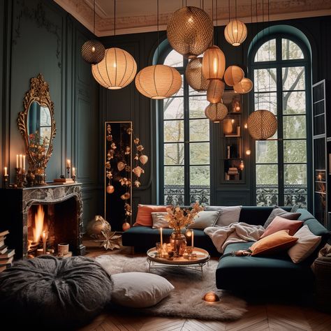 Energizing Living Room, Moody Bohemian Decor, Cohesive Living Room And Kitchen, Moody Dinning Room Designs, Edgy Home Decor Ideas Modern, Moody Room Lighting, Moody Witchy Living Room, Moody Home Ideas, Dark Living Room Lighting Ideas