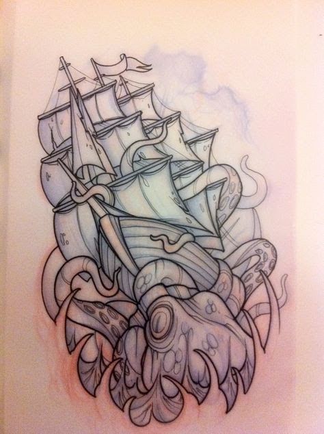 Kraken Ship Tattoo, Nautical Tattoo Design, Nautical Tattoo Ideas, Pirate Ship Tattoos, Pirate Ship Tattoo, Kraken Tattoo, Left Arm Tattoos, Octopus Tattoo Design, Pirate Tattoo