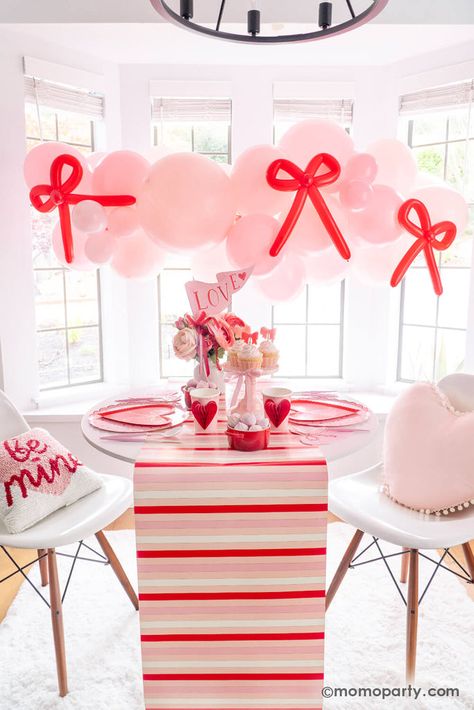 Tying the Knot of Love: A Bow-Themed Valentine's Day Party Guide Valentine’s Day Balloon Garland, Valentines Balloon Garland, Valentines Day Theme Party, Valentines Dessert Table, Valentine Dessert, Valentine Plates, Balloon Cloud, Valentines Birthday Party, Day Party Ideas