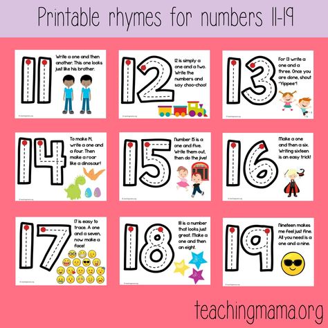 Number Rhymes For Kindergarten, Number Chants For Kindergarten, Kindergarten Posters Classroom, Number 11 Crafts For Preschoolers, Teaching Numbers 11-20, Teen Numbers Anchor Chart, Number Posters For Classroom, Number Posters Free 1-20, Number Formation Rhymes