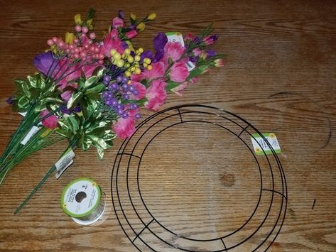 Dollar Tree Spring Wreath, Spring Wreaths For Front Door Diy, Dollar Tree Flowers, Spring Flower Wreath, Spring Floral Wreath, Easy Diy Wreaths, Wire Wreath Forms, Diy Spring Wreath, Wire Wreath Frame