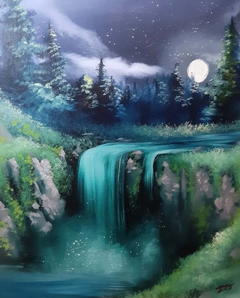 Moonlight Waterfall Painting Ideas On Canvas Waterfall, Waterfall Drawing, Waterfall Artwork, West Lafayette Indiana, Waterfall Painting, Landscape Oil Paintings, Forest Drawing, Lafayette Indiana, Forest Mural