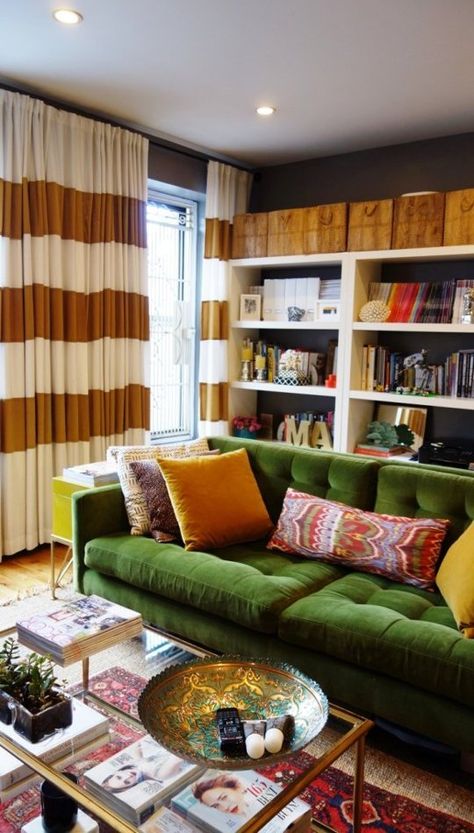 Standout "Small Cool" Homes — Best of 2015 | Apartment Therapy Green Couches, Green Velvet Sofa Living Room, Apartment Therapy Living Room, Green Couch Living Room, Small Apartment Therapy, Velvet Sofa Living Room, Small Apartment Sofa, Green Living Room Decor, Green Couch