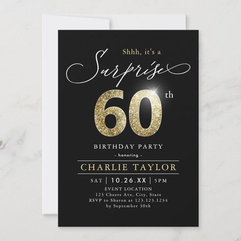 Modern black and gold adult surprise 60th birthday invitation Milestone Birthday Invitations, Surprise 30th Birthday, Surprise 60th, Surprise 40th, Surprise 50th, 90th Birthday Invitations, Surprise Party Invitations, Glitter Number, Surprise Birthday Invitations