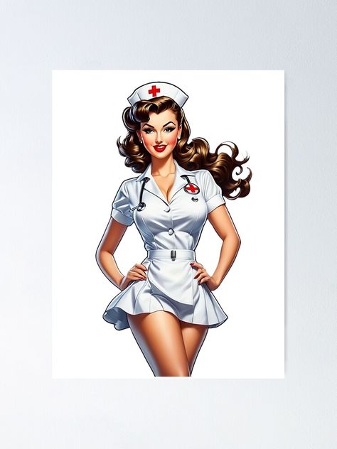 Pinup Cartoon Vintage, Nurse Pinup Tattoo, Nurse Pin Up Tattoo, Pinup Reference, Nurse Pinup, Pin Up Nurse, Magnet Poster, Nurse Poster, Nurse Drawing