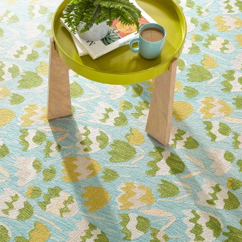 Dash and Albert Rugs Zelie Hand Hooked Wool Floral Area Rug in Aqua/Yellow/Green | Perigold Farmhouse Style Rugs, Summer Rugs, Dash And Albert Rugs, Unique Area Rugs, Annie Selke, Hooked Wool, Dash And Albert, Tulip Design, Burke Decor