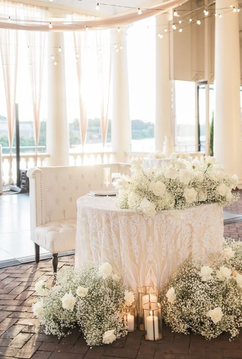 Sweetheart Head Table Wedding, Lace Sweetheart Table, All White Sweetheart Table, Cake Table Flowers Wedding, Round Table Candles Wedding, Greenery And Babysbreath Wedding, Old Money Centerpiece, Roses And Gypsophila Centrepiece, Rose And Baby Breath Centerpiece