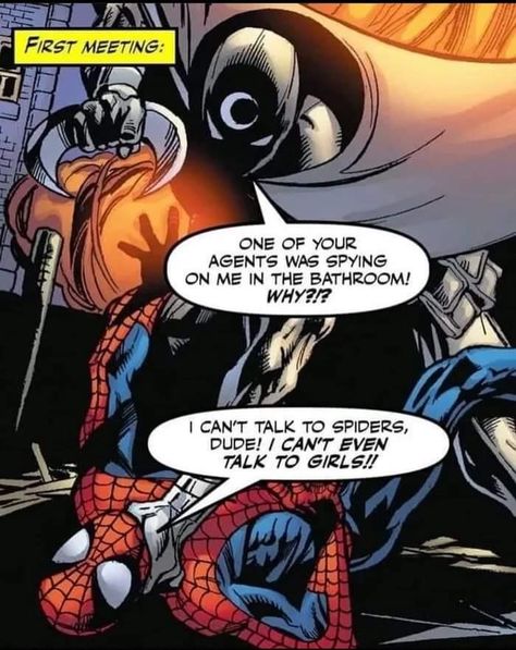 Dc Panels, Deadpool Y Spiderman, Moon Knight Comics, Spiderman Funny, Talking To The Moon, Deadpool And Spiderman, Marvel Moon Knight, Funny Marvel, Dc Memes