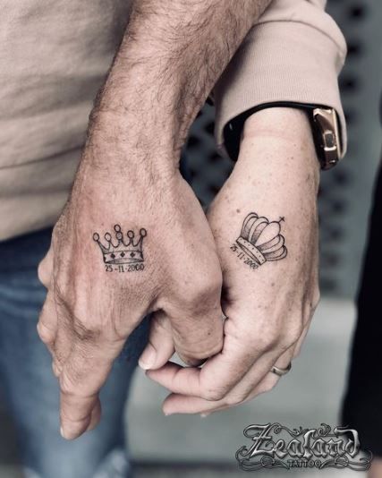 Anniversary Tattoo Ideas Marriage, Brittany Tattoo, Soulmate Tattoo Ideas, Soulmate Tattoo Ideas Couple Tat, Matching Tattoos Couples Meaningful, Skull Couple Tattoo, Married Couple Tattoos, Marriage Tattoos, Couple Tattoo Ideas