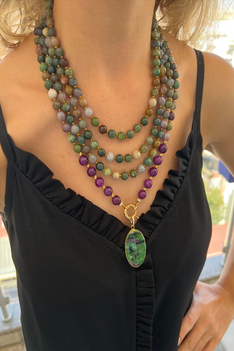 Agate Necklace, Green and Purple Gemstone Necklace, Statement Necklace, Handmade Wife Birthday Gift, Pendant Necklace #necklace #handmadejewelry #jewelry Multi Strand Beaded Necklace, Purple Jade, Handmade Beaded Necklaces, Necklace Green, Beaded Statement Necklace, Summer Necklace, Agate Jewelry, Green Agate, Agate Necklace