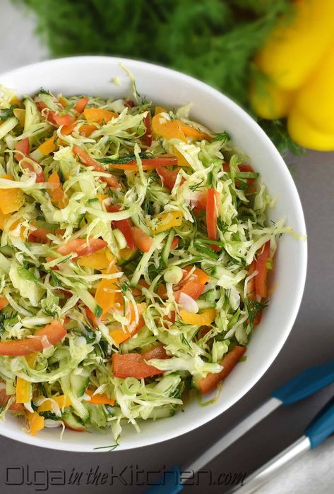 Cabbage Pepper Salad - Olga in the Kitchen Cabbage Carrot Salad, Cabbage Salad Recipe, Bbq Pulled Chicken Sandwiches, Ground Beef Breakfast, Cabbage Carrot, Pulled Chicken Sandwiches, Mango Slaw, Carrot Salad Recipes, Pepper Salad