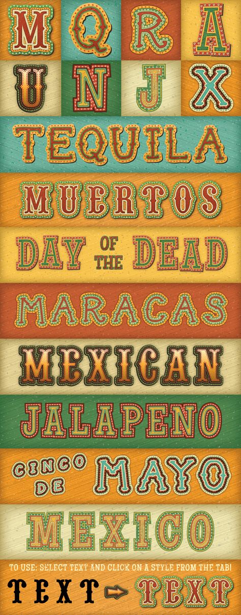 Transform your headlines with my Mexican Text Styles! Graphic styles allow you to quickly change the look of an object. All the ch Mexican Graphic Design, Mexican Fonts, Mexican Restaurant Decor, Illustrator Text, Mexico Party, Graphic Design Style, Graphic Styles, Mexico Art, Text Types