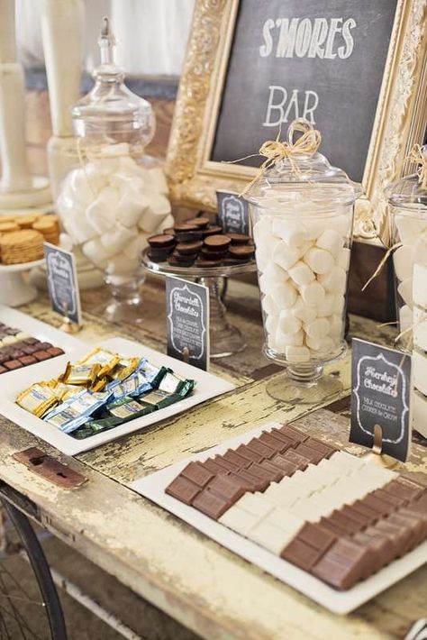 Dessert table at a s'mores themed 40th birthday party!  See more party planning ideas at CatchMyParty.com! Barn Birthday Party, Wedding Food Bars, Smores Bar, S'mores Bar, Food Stations, Wedding Dessert Table, בר מצווה, Dessert Bar, Snacks Für Party