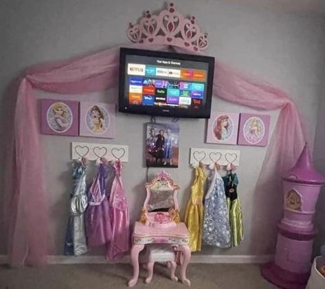 Quinchelle M Anderson Disney Princess Theme Bedroom, Dress Up Room Ideas, Diy Princess Dress Up Station, Amazing Kids Rooms, Disney Princess Room Decor Ideas, Disney Princess Playroom, Cozy Princess Bedroom, Three Year Old Bedroom, Toddler Vanity Diy