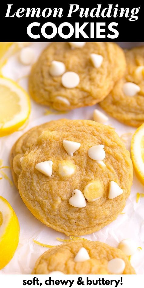 These Lemon Pudding Cookies are super soft, chewy, buttery, and loaded with bright lemon flavor. Made with instant lemon pudding and couldn’t be easier to make! This recipe feeds a crowd and everyone will love them- especially lemon lovers! Easy Lemon Pudding, Lemon Pudding Cookies, Cookies With Pudding, Fun Rice Krispie Treats, Cookies With White Chocolate Chips, Mini Lemon Cheesecakes, Lemon Cookies Easy, Cookies With White Chocolate, Chocolate Chip Pudding Cookies