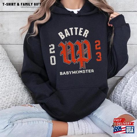 Babymonster Kpop Hoodie Batter Up Shirt Debut Sweatshirt Classic Check more at https://tshirtfamilygift.com/product/babymonster-kpop-hoodie-batter-up-shirt-debut-sweatshirt-classic/ Kpop Hoodies, Kpop Hoodie, Hoody Kpop, Baby Monster, White Jewelry, Family Gifts, Family Shirts, Black Hoodie, Dahlia