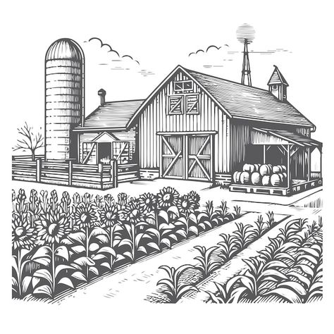 Farms Drawing, Farm Drawing Easy, Farming Drawing, Farmhouse Drawing, Farm Sketch, Farm Drawing, Sketch Logo, 2024 Board, Micro Farm