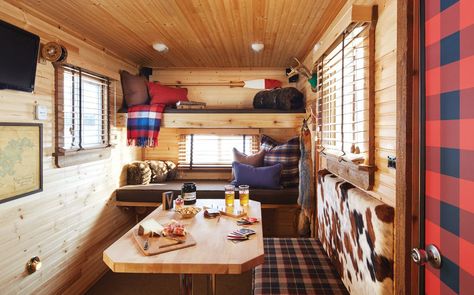 This ice fishing house combines the rugged outdoors with Ralph Lauren-styled design. Steal some great ice house interior design ideas. Ice Castle Fish House, Ice Fishing Shack Plans, Hobbit House Interior, Shanty Chic, Ice Hut, Fish Hut, Tiny Campers, Interior Design Hd, Fish Shack