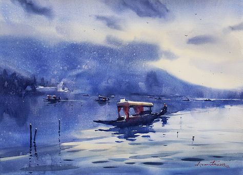 Ananta Mandal WATERCOLOR Dal Lake Painting, Paint Reference, Watercolor Painting Ideas, Dal Lake, Travel Art Journal, Artwork Watercolor, Watercolor Landscapes, Simple Watercolor, Ship Boat