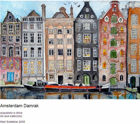 Interesting India ink and watercolor view of Amsterdam as featured on flickr. Amsterdam Painting, House Drawings, Amsterdam Art, China Ink, Amsterdam Houses, Dutch House, Building Drawing, Watercolor Architecture, Ink And Watercolor