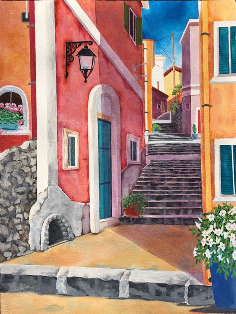 fun colorful acrylic painting of alleyways in Positano , Italy Architectural Acrylic Paintings, Italy Landscape Painting Easy, Acrylic Painting Of Buildings, Italy Gouache Painting, Art Of Italy, Painting Ideas On Canvas Italy, Italian Acrylic Painting, Italy Canvas Painting, Spain Painting Easy