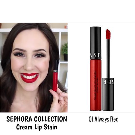 SEPHORA COLLECTION Cream Lip Stain 01 Always Red Sephora Red Lipstick, Sephora Always Red, Pink Eyeshadow Makeup, Sephora Collection Cream Lip Stain, Sephora Lip Stain, Red Lip Stain, Sephora Cream Lip, Sephora Lipstick, Sephora Lip