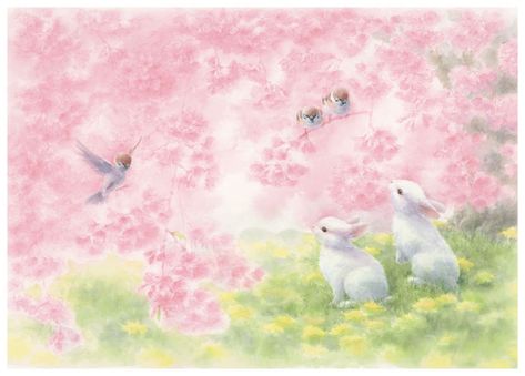 (art by: Yutaka Tsuchida[i believe]) Celebrate Each New Day, Pink Wallpaper Laptop, Bunny Artwork, Laptop Wallpaper Desktop Wallpapers, Color Vibe, Wallpaper Laptop, Cottage Art, Iphone Wallpaper Photos, Ethereal Art