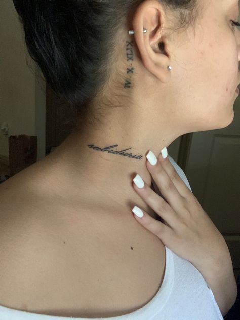 Behind The Ear Roman Numeral Tattoo, Roman Numerals Behind Ear, Roman Numeral Tattoo Behind Ear, Tat Placement, Wedding Date Tattoos, Side Neck Tattoo, P Tattoo, Roman Numeral Tattoos, Cursive Tattoos