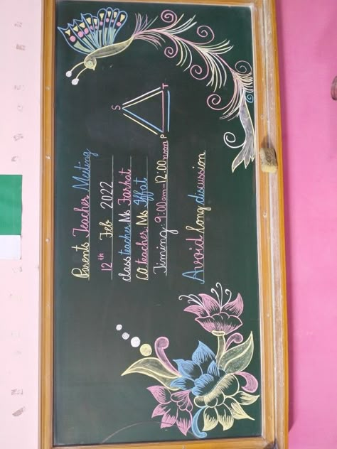 Board Work For School With Chalk, Board Writing Ideas Chalk, Class Black Board Decoration Ideas, Teacher Dairy Decorations Ideas, Ptm Board Decoration Ideas School Chalk, Blackboard Design Classroom, Green Board Decoration Ideas For School, Ptm Blackboard Decoration Ideas, Black Chart Paper Decoration Ideas