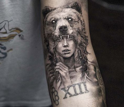 Wild Girl tattoo by Niki Norberg Bear Feather Tattoo, Bear Indian Tattoo, Indian Bear Tattoo, Native Indian Tattoos, Fenrir Tattoo, Headdress Tattoo, Indian Tattoos, Mangas Tattoo, Bear Tattoo Designs