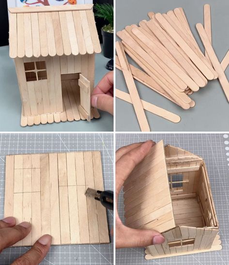 House Made Of Popsicle Sticks, Popsicle Sticks House, Pilgrim House, Mini Cabins, Pioneer House, Popsicle Stick Crafts House, Popsicle Stick Houses, Diy Popsicle Stick Crafts, 8 Martie